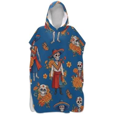 Imagem de Joisal Poncho de surfe para adultos trocador com capuz toalha de natação reutilizável ponchos femininos com capuz engraçado esqueletos mexicanos azul