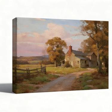 Imagem de Arte de parede em tela Country Road Cottage, impressão de pintura a óleo de paisagem de outono, cena de caminho de fazenda rústica, decoração de parede country vintage, embrulhada para galeria, pronta