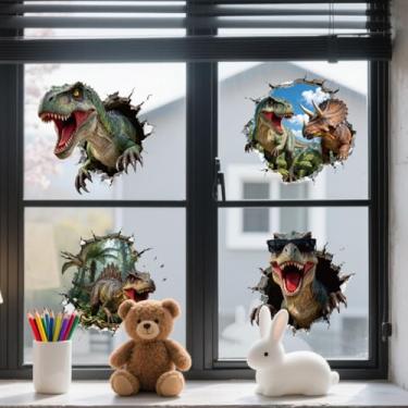 Imagem de ANATTASOUL Adesivos de janela estática dinossauro quebrando através de uma parede, 1 folha de decalques reutilizáveis de janela para vidro, 120 cm x 30 cm adesivo de janela dupla face removível para
