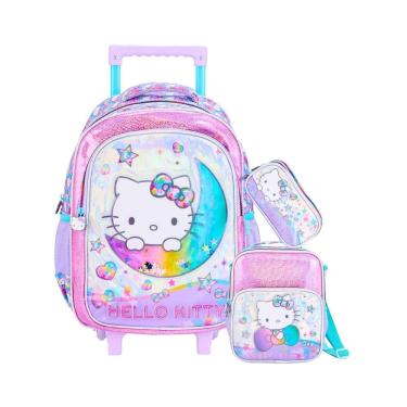 Imagem de Kit Hello Kitty Mochila 2Em1 Rodas + Lancheira + Estojo Luxo