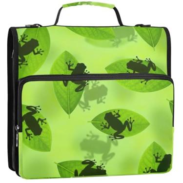 Imagem de Organizador de fichário com zíper de folha verde sapo, 3 fichários de 3 anéis com alça de ombro para vários bolsos escolares, pasta grande para portfólio, 34,5 x 31,5 x 9 cm