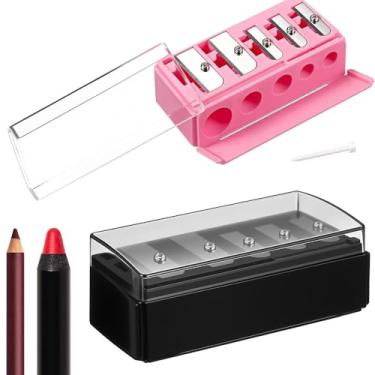 Imagem de 2 apontadores de lápis cosméticos de 5 furos com capa, adequado para delineador, delineador labial e lápis de sobrancelha, apontador para lápis de maquiagem (preto + rosa