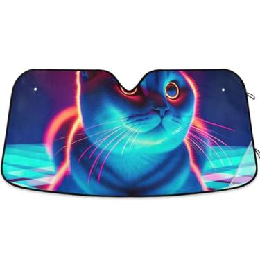 Imagem de Toldo de sol personalizado gato gatinho neon para para-brisa de carro retrátil dobrável para-brisa automotivo guarda-sol animal floral S, 134,6 cm x 59,7 cm