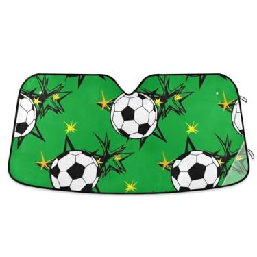 Imagem de Bolas de futebol pretas e brancas personalizadas guarda-sol verde para para-brisas de carro caminhão dobrável bonito protetor de para-brisa automotivo M, 139,7 cm x 70,1 cm
