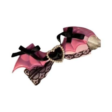 Imagem de Acessório de Cabelo Lolita Preto Rosa Laço de Renda Clipe Grampo de Ca