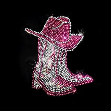 Imagem de Patch de strass Cowgirl – Western Red & Clear Bling Transferência de calor para camisetas faça-você-mesmo, jaquetas, bolsas – aplique de silhueta de chapéu de cowboy brilhante, 20 x 19 cm