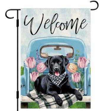 Imagem de DLZDN Bandeira de jardim de labrador preto primavera 30,5 x 45,7 cm, dupla face, vertical, serapilheira, quintal, sinalização, sazonal, decoração ao ar livre