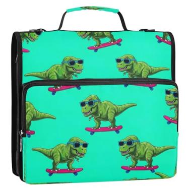 Imagem de Bolsa organizadora de fichário com zíper verde dinossauro com alça de ombro, grande 3 anéis de 3 anéis D de 3 cm para pasta para escola ou escritório