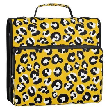 Imagem de Bolsa de fichário com 3 anéis de leopardo amarelo com alça de ombro, organizador de fichário com zíper com vários bolsos, portfólio portátil de armazenamento de documentos para escola ou escritório