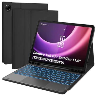Imagem de QYiiD Capa retroiluminada com teclado touchpad para Lenovo Tab P11 2ª geração 29.2 cm (TB350FU / TB350XU) 2023, 7 cores, retroiluminação, teclado magnético, hibernar/despertar, capa para Lenovo Tab