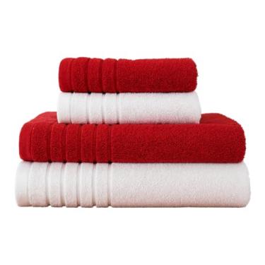 Imagem de Kit 4 Toalhas Algodão (02 Banho + 02 Rosto) - Jogo de Toalhas Super Absorventes 400g Tamanho Grande 70cm x 130cm (BRANCO - VERMELHO)