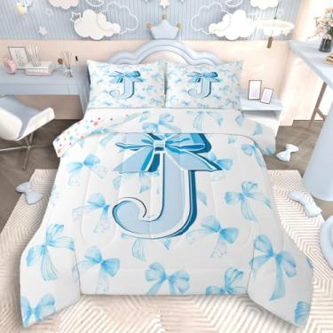Imagem de jejeloiu Conjunto de edredom com laço azul Kawaii, letra J, conjunto de cama com 2 fronhas, lindo nó de laço de coquete, infantil, completo, personalizado, inicial, J, arte abstrata, monograma