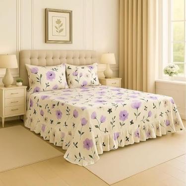 Imagem de Kit Lençol Queen 3 Peças Micropercal Toque de Algodão com Babado e Fronhas Premium (Marfim- Flores Lilás)
