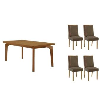 Imagem de Sala Jantar Mesa Londrina Tampo Curvo 120cm+4 Cadeiras Tilia Madeira Naturale - Capuccino/Suede Capuccino - Rufato