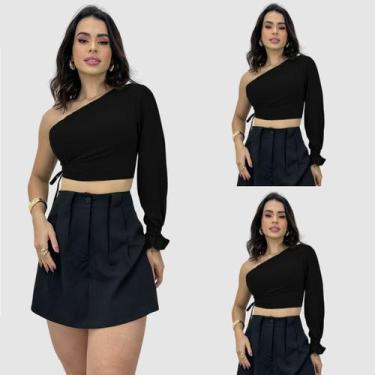 Imagem de Kit 3 Cropped Blusinha Crepe Um Ombro Só Feminino Manga Longa Fashion 