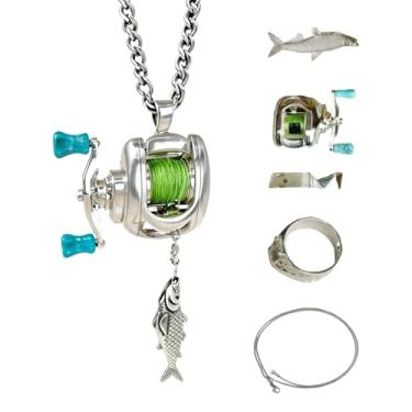 Imagem de Colar de molinete de isca de pesca, mini colar com pingente de molinete de pesca, estrutura de ferro, tamanho 30 x 6 cm, design de alça rotativa com pingente de peixe, linha verde, corrente de prata