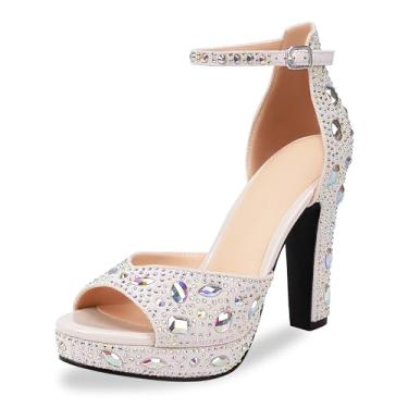 Imagem de yowmns Sandálias femininas de salto alto com plataforma de strass e tira no tornozelo, para festa de casamento e noite, Marfim, 39