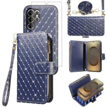 Imagem de Capa carteira compatível com Samsung Galaxy S25 Ultra 5G com zíper para celular e protetor de tela, alça transversal, flip com glitter, porta-cartões, capa para celular para S25Ultra 25S S 25 25Ultra