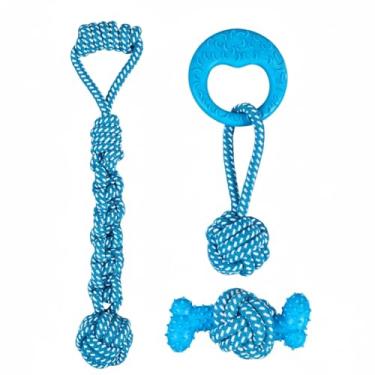 Imagem de wanhaoshangmao Pacote com 3 brinquedos de corda para cães, corda de algodão azul com anel de dentição e bola com nó, brinquedos de cabo de guerra para cães pequenos