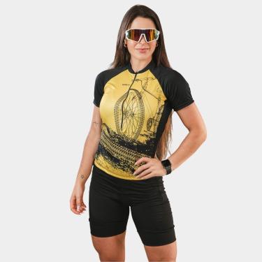 Imagem de Conjunto Inverno de Ciclismo Feminino Camisa Bike Roda Amarela PRO Manga Curta + Calça Forro Gel-Feminino