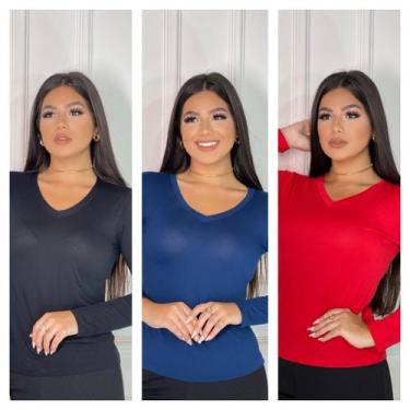 Imagem de Kit 3 Blusas feminina lisa manga longa gola v - GK TODA BELA, Preto, M