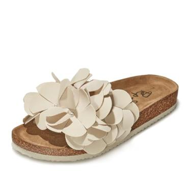 Imagem de PepStep Sandálias deslizantes para mulheres ou senhoras elegantes de verão casual, lindo nó de laço na alça superior, confortável para pés de cortiça, Creme floral, 41