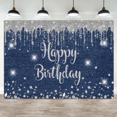 Imagem de ASDCXZ 2,7 x 1,8 m Pano de fundo de feliz aniversário azul jeans cristal diamante fotografia fundo jeans glitter estrelas prata pingando crianças aniversários festa banner decorações homens mulheres
