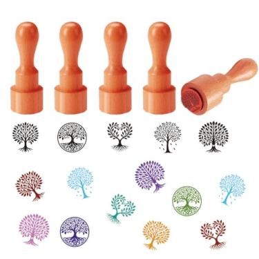 Imagem de AHANDMAKER 5 estilos simples de carimbos de madeira de borracha, árvore da vida, alça redonda, carimbos de madeira, mini carimbos decorativos de madeira para artesanato faça você mesmo, cartas
