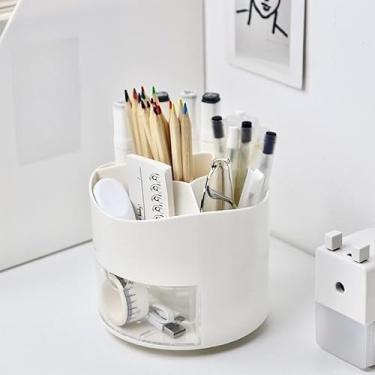 Imagem de Porta lápis Caneta Pincel 360° Rotativo Com 5 Divisórias E Gavetinha Grande Capacidade Armazenamento (Branca)