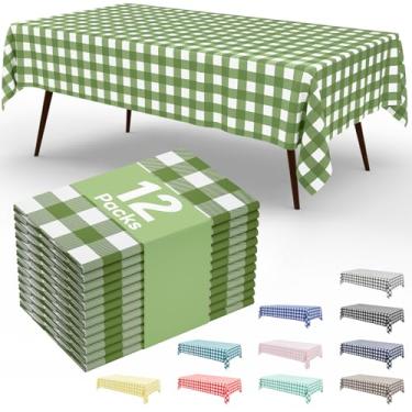 Imagem de Smiry 12 pacotes de toalhas de mesa descartáveis guingão, 137 x 272 cm, toalha de mesa de plástico impermeável, retangular, verde sálvia e branco, capas de mesa quadriculadas para piquenique