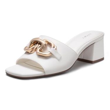 Imagem de FITORY Sandálias femininas de salto baixo, blocos grossos, bico aberto, corrente de metal, sapatos elegantes para festas, casamentos e uso diário, tamanho 6-11, Branco, 36