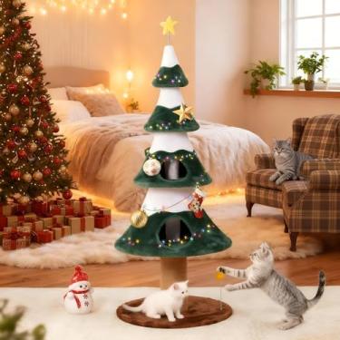 Imagem de Árvore de Natal para gatos em ambientes internos, árvore de madeira de vários níveis com hastes de sisal, camas aconchegantes para gatos e design moderno de férias, verde