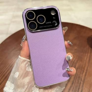 Imagem de SFDSUH Capa protetora com janela grande de vidro e textura de lichia para iPhone 14 (Roxa)