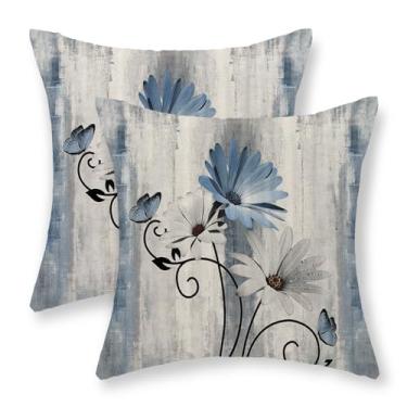 Imagem de GOLIANDA Conjunto de 2 capas de almofada florais azuis 45,7 x 45,7 cm com 2 fronhas decorativas de linho rústico para decoração sazonal de casa de fazenda para sofá e casa