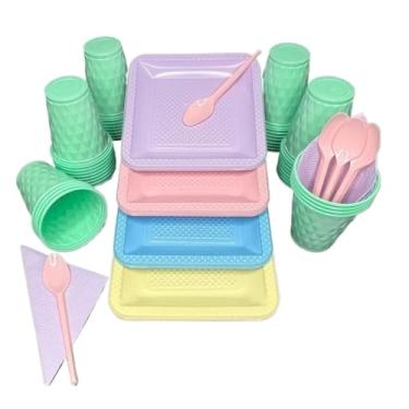 Imagem de Conjunto para festa de aniversário com 180 peças Pratos, copos, colheres e guardanapos em tons doces Serve 40 convidados(Sortidos 3)