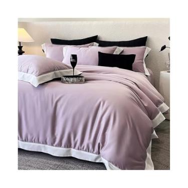 Imagem de x3anggyt5 Conjunto de cama de algodão Lyocell luxuoso 4 peças macio sedoso cor pura capa de edredom lençol e fronha (roxo, Queen 200 x 230 cm 4 peças)