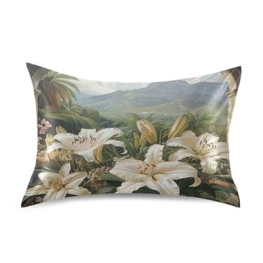 Imagem de xigua Uma pintura de lírios fronha de cetim para cabelo e pele, lavável à máquina, antiderrapante, refrescante, almofada queen com fecho de envelope, 50,8 cm x 76,2 cm