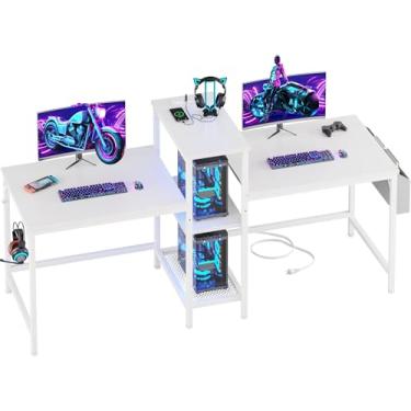 Imagem de Furologee Mesa dupla com tomadas, mesa de computador de 188 cm com bolsa de armazenamento e ganchos de fone de ouvido, mesa de estudo de jogos para escritório em casa, branca, 2 pessoas