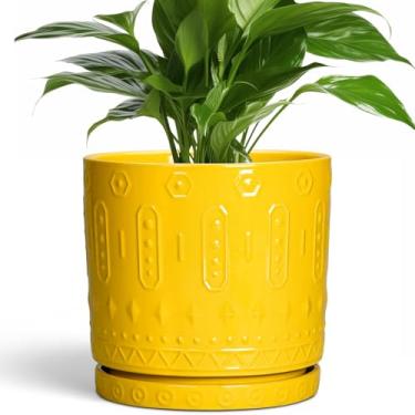 Imagem de Eightpot Vaso de cerâmica de 20 cm com orifício de drenagem e pires, vaso de flores grande redondo para plantas internas e externas, vaso de jardim, amarelo