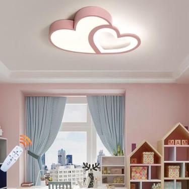 Imagem de Luminária de teto LED moderna para quarto infantil, com intensidade ajustável e controle remoto, design com dois corações, ideal para quarto de bebê, menina ou menino (Cor: Rosa).