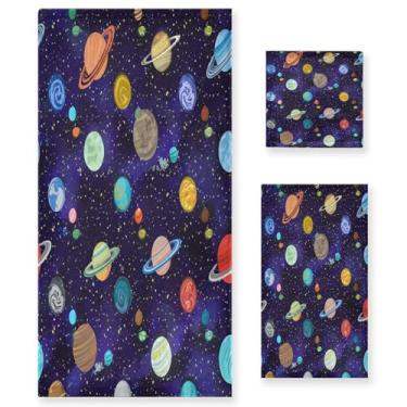 Imagem de xigua Conjunto de toalhas de banheiro coloridas planetas absorventes macias 3 peças toalha de banho toalha de mão toalhas decorativas para banheiro, academia, hotel, praia, piscina