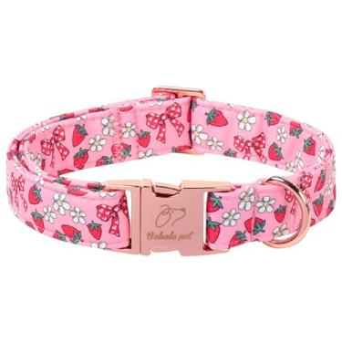 Imagem de Babole Pet Coleira de cachorro com laço de morango, coleiras de cachorro rosa primavera/verão, ajustáveis, resistentes, femininas, para cães pequenos, médios e grandes, com fivela de metal G