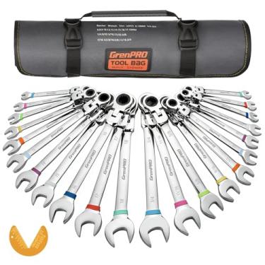 Imagem de GRENPRO Conjunto de chaves catracas, conjunto de chaves de catraca de cabeça flexível de 23 peças métrico e padrão e SAE, 6-18 mm e 1/10.2 cm a 3/10.2 cm com anel colorido, bolsa organizadora de