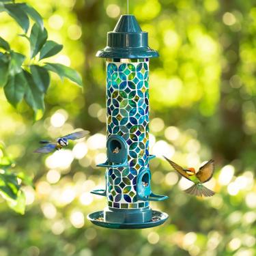 Imagem de Glitzhome Alimentador de pássaros selvagem, alimentador de pássaros de vidro alto de 50,8 cm H com alça de metal para decoração externa de jardim e quintal, azul/verde