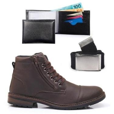 Imagem de Kit Bota Coturno Masculina Casual Com Carteira Cinto Ziper Lateral Confortável Leve Macia Resistente-Masculino