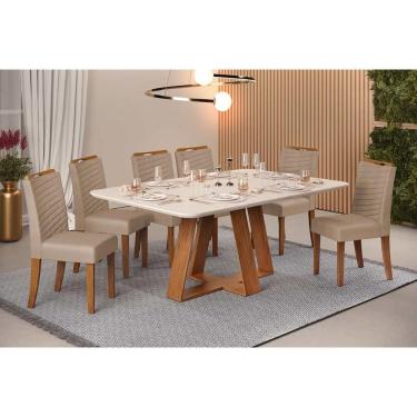 Imagem de Conjunto: Mesa de Cozinha Celeste c/ Tampo Madeirado c/ Vidro Retangular 160x90cm e 6 Cadeiras Julia Freijo/Off White - Suede Kraft - DJ Móveis