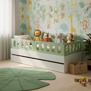 Imagem de Bicama Solteiro Mdf Verde com 04 Grades e Cabeceira Anatômica Mobilistore