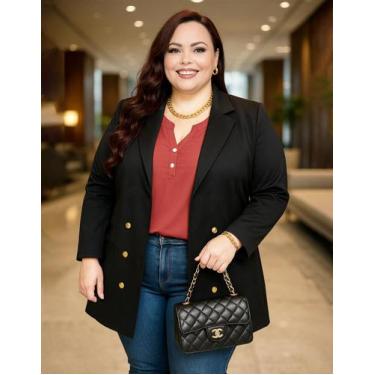 Imagem de Blazer Plus Size Social Trabalho Slim Neoprene Longo Elastano Botão Do