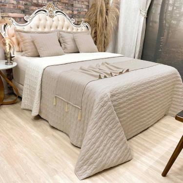 Imagem de Kit Cobre Leito Colcha Dubai Queen 08 Peças Dupla Face Micropercal 200 Fios Xale Pompom Clean - Bege