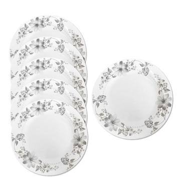 Imagem de Jogo 6 Prato De Sobremesa Vidro Branco Flores Cinza Flowers Grey 20cm Em Casa Tem